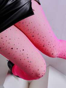 1pc Women Rhinestone Fishnet Tights, Sexy Pantyhose, Fashion Gothic Style For /Christmas Party And Matching - Hot Pink - View 1
