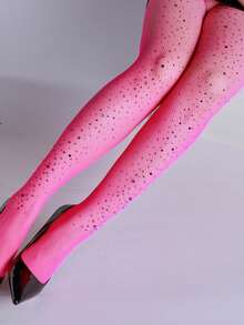 1pc Women Rhinestone Fishnet Tights, Sexy Pantyhose, Fashion Gothic Style For /Christmas Party And Matching - Hot Pink - View 2