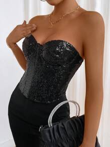 SV Sexy Women's Sequin Strapless Party Top With Structured Design At Waist And Bust For Support. - Black - View 9