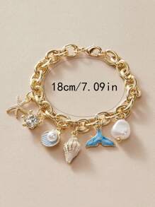 1 pièce Bracelet chaîne décoratif réglable avec étoile de mer, coquillage et queue de poisson - mode et élégant