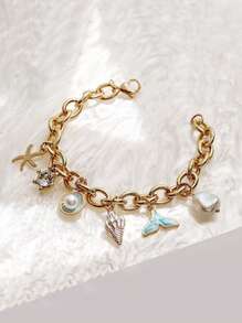 1 pièce Bracelet chaîne décoratif réglable avec étoile de mer, coquillage et queue de poisson - mode et élégant