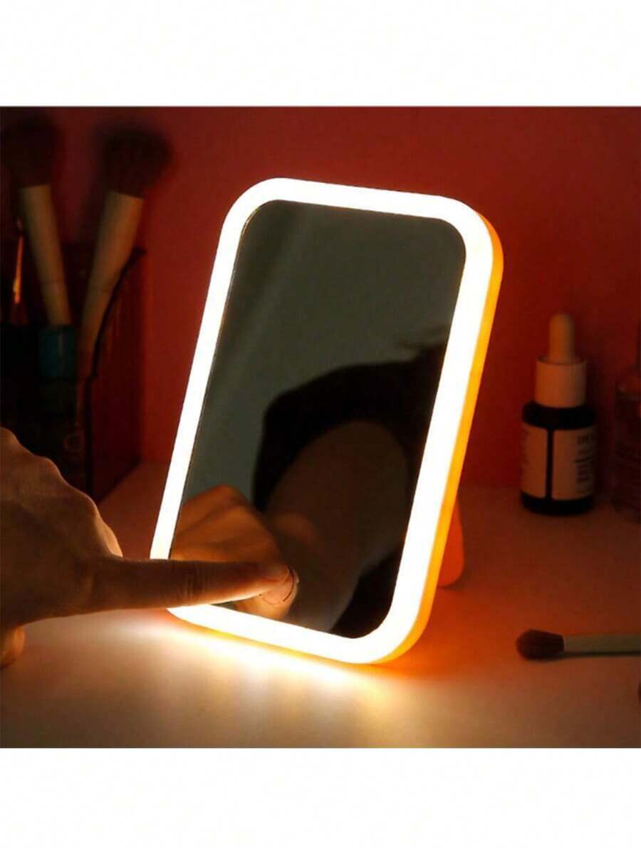 1pc Square LED Lighting Makeup Mirror, Smart Touch Screen, Portable Travel Mirror With Fill Light Best Gifts Birthday - Pink - View 1
