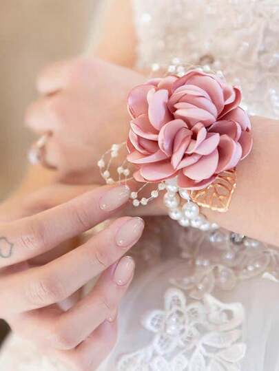 1pc Bridesmaid/Pink/Nude Faux Pearl And Rhinestone Gold Leaf Flower Corsage Wrist Flower Bridal Wedding Party Accessory Valentine's Day Valentines