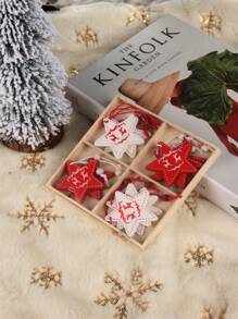 12Pcs/Set Gift Box Christmas Snowflakes Wooden Pendants Xmas Tree Ornaments Painted Red Hanging Decor Christmas,Christmas