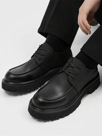 Vintage Round Toe Thick Sole Men's Formal Shoes Lace Up Elevator Dress Shoes Party Fashion British Style Low Top Men's Casual Leather Shoes