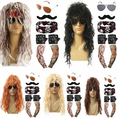 8 Pcs 70s 80s Rocker Costume Heavy Metal Wig Men Women Hippie Wig With Sunglasses Punk Gloves Tattoo Sleeves For 80s Punk Party Accessories,Long Wig, Sunglasses, Beard, Headscarf, Gloves, Flower Arms, For Halloween Party Dressing Up Valentine's Day