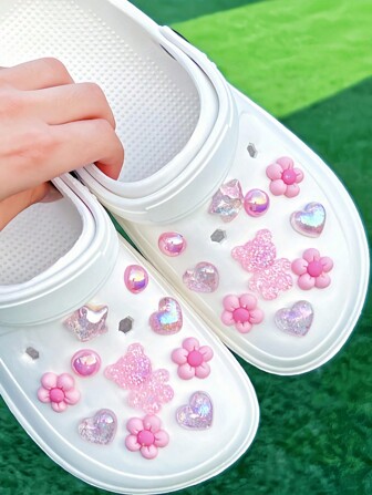 20pcs/Set Glitter Colorful Mini Bear Hole Shoes Charms, Decor For Hollow Sandals Beach Shoes, Pink Cute Elegant Shoes Accessories For Spring Summer