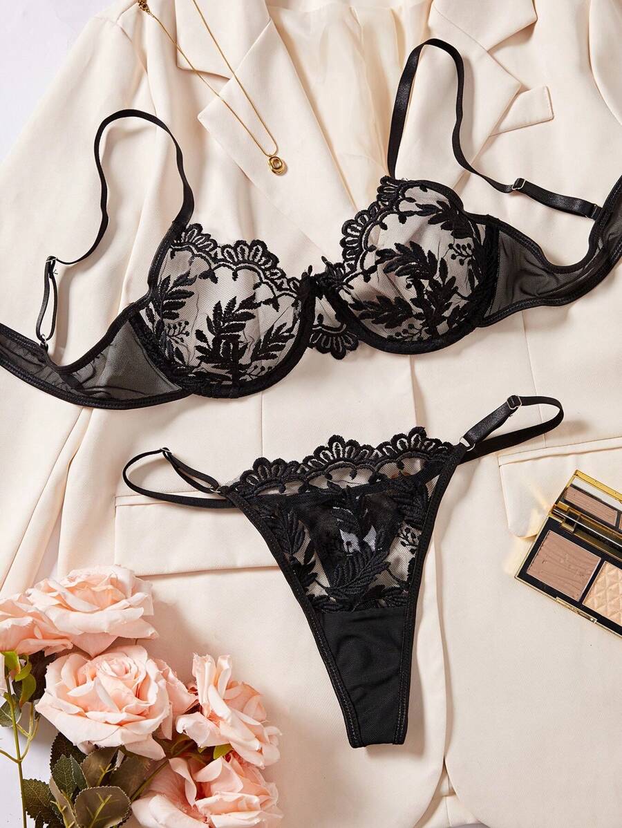 2pcs Sexy Lingerie Set, Sheer Mesh Embroidery Bra And Panty, Intimate Apparel For Christmas & Valentine's Day - Black - View 1