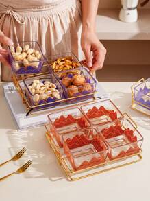 1set Square Glass Plate With Metal Tray, Luxury Creative Floral Pattern Storage Tray, Home Decor Fruit Candy Nuts Snacks Platter For Living Room Dining Room - Multicolor - View 12