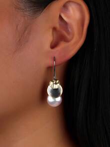 1 对 925 纯银 18k 镀金复古珍珠装饰金属圆盘女士耳环 - 金色 - 查看 3