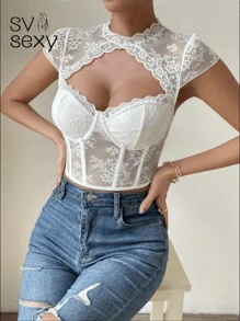 SV SEXY Women's Blouse With Lace Corset, Support With Fins On The Bust And Waist. - trắng - Xem 3