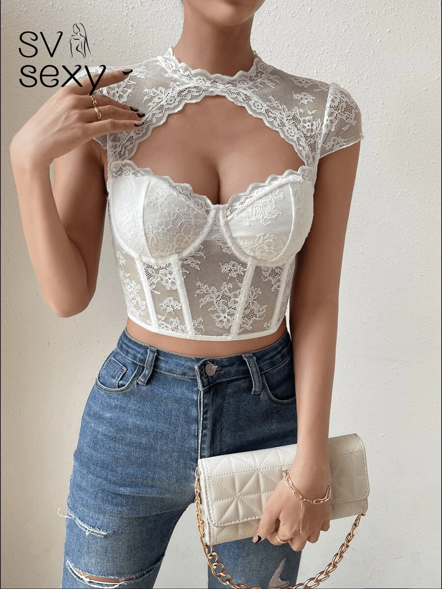 SV SEXY Women's Blouse With Lace Corset, Support With Fins On The Bust And Waist. - trắng - Xem 1
