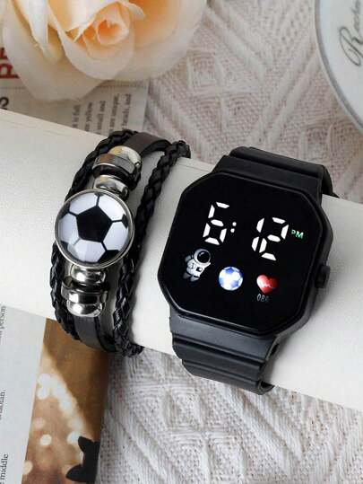 1pc Unisex Football, Astronaut, Heart Decor LED Square Bracelet Watch & 1pc Football Patterned Bracelet, For Daily Wear