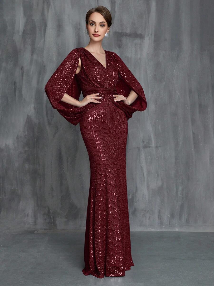 Robe longue à manches longues fendue avec ourlet de sirène pailletée pour femmes, robe de mère de la mariée élégante