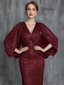 Robe longue à manches longues fendue avec ourlet de sirène pailletée pour femmes, robe de mère de la mariée élégante