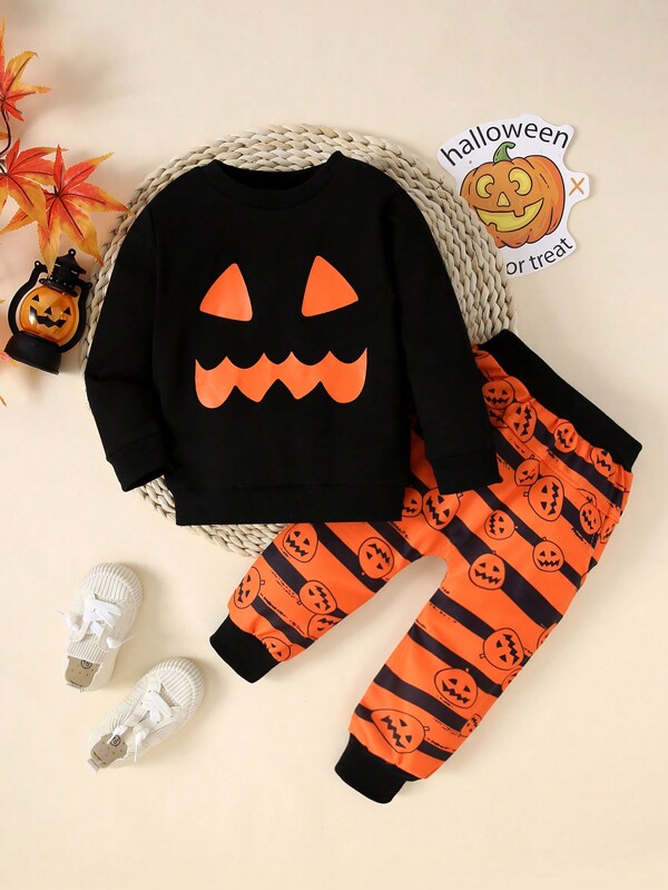 Halloween Infant Boys' Black Long Sleeve Sweatshirt And Orange Striped Pumpkin Pants Outfit