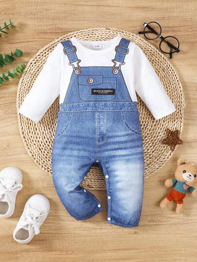 Boy Baby Denim Effect Patchwork Fake Suspender Long Sleeve Jumpsuit