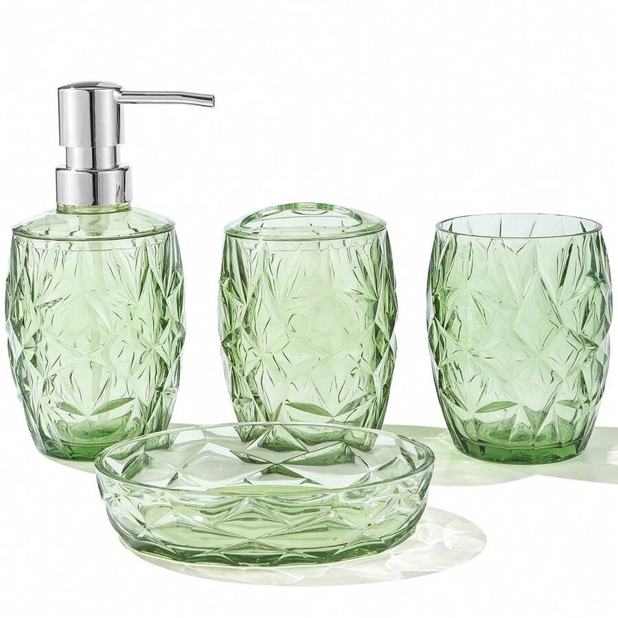 1 Set Green Acrylic Bathroom 4-Piece Set - Soap Dispenser, Toothbrush Holder, Rinse Cup, Soap Dish