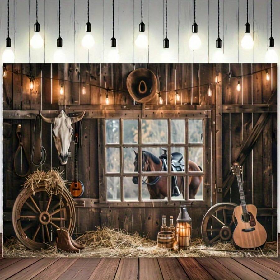 1 pieza Fondo rústico de estilo vaquero occidental - 1 banner de poliéster con diseño de granero de madera, para decoración al aire libre, decoración de estilo de granja, decoración de estilo country, Navidad - Multicolor - Ver 1