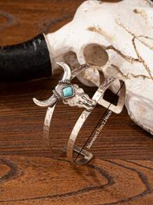 1 Pc Western Cow Cattle Head Turquoise Decor Cuff Bracelet For Women Turquoise Jewelry
