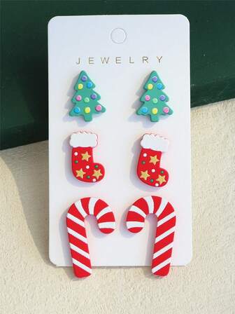 3 对/套女士圣诞树、圣诞老人、拐杖糖印花亚克力耳环，适合节日派对