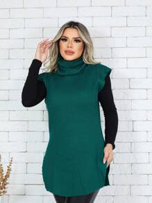ZAVA Turtleneck Knit Split Hem Sweater Vest - xanh quân đội - Xem 2