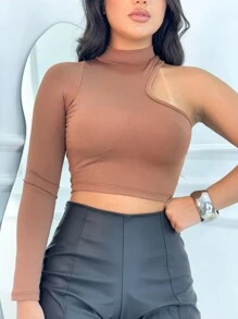 Women's Cropped Top With Hollow Cutout Long Sleeve Gringa Blogger - 咖啡棕 - 查看 2