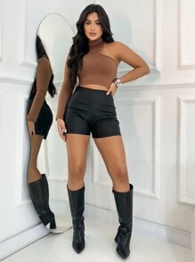Women's Short Fake Leather Shorts With Detailed Stitching And Shaping Zipper Wears Very Well Gringa Fashion Blogger - 黑色 - 查看 3