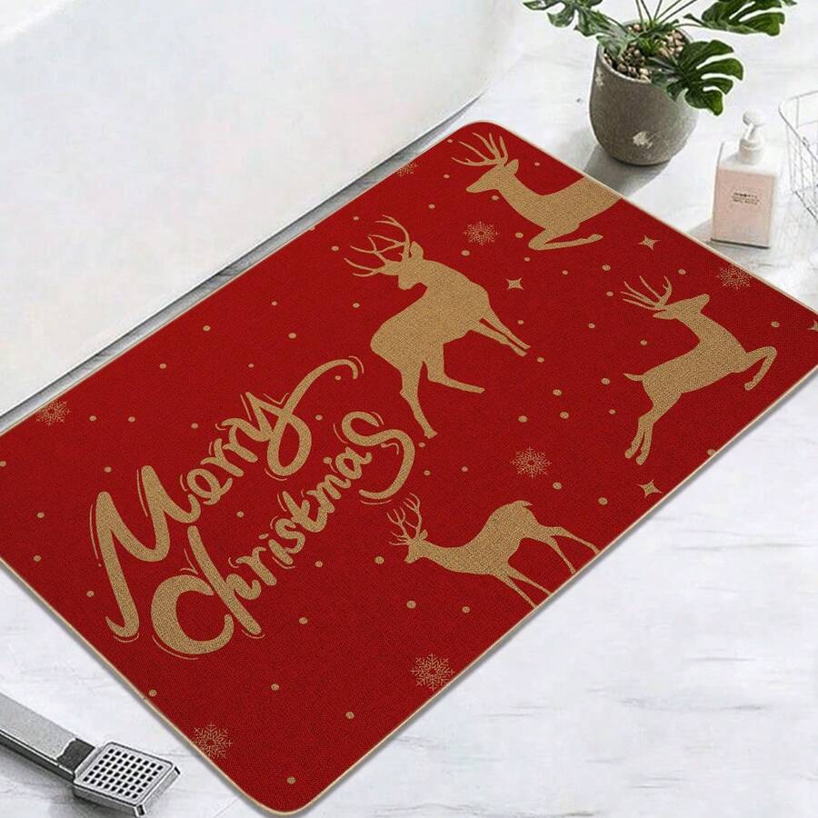 1 tấm thảm phòng tắm họa tiết tuần lộc và "Giáng sinh vui vẻ" trang trí Giáng sinh, hiện đại tối giản, thảm phòng tắm bằng vải lanh thấm hút chống trượt, quà tặng Giáng sinh, thảm chùi chân lối vào, nhanh khô, thích hợp cho phòng khách, phòng ngủ, nhà bếp, phòng tắm, lối vào - Đỏ - Xem 1