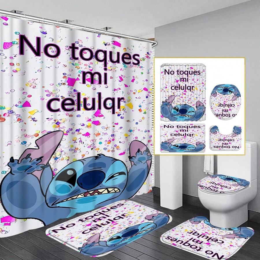 1/4 件缝制卡通图案浴帘套装，防水浴帘，带 12 个挂钩，防滑浴室垫，U 型马桶垫，马桶垫，浴室装饰配件 - 彩色 - 查看 1