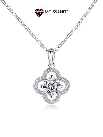 LOVESSOM A 925 Sterling Silver 1 Carat Moissanite Four-Leaf Clover Pendant Necklace Clavicle Chain Summer School Season Birthday Gift Wedding Engagement Bride Jewelry Gift For Wife Girlfriend Best Friend Sister Friend Anniversary Birthday Gift