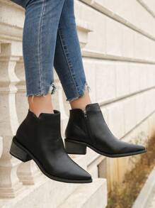 时尚法式尖头中跟短靴，时尚英式女式踝靴 - 黑色 - 查看 5