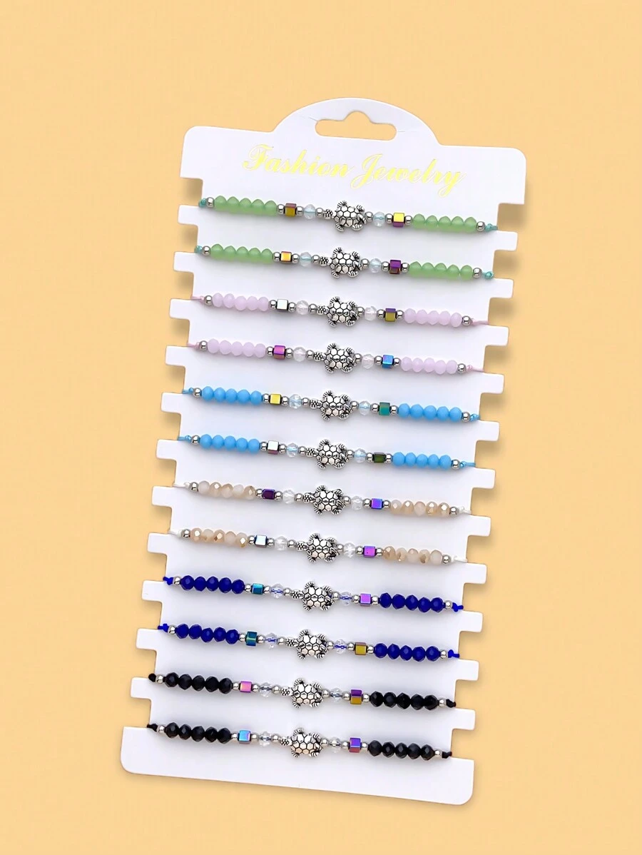 LORRILIA 12 件祈福健康长寿龟水晶赤铁矿手链好运符乌龟手绳家庭共享套装首饰批发 - 彩色 - 查看 1