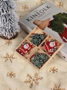 12Pcs/Set Gift Box Christmas Snowflakes Wooden Pendants Xmas Tree Ornaments Painted Red Hanging Decor Christmas,Christmas