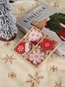 12Pcs/Set Gift Box Christmas Snowflakes Wooden Pendants Xmas Tree Ornaments Painted Red Hanging Decor Christmas,Christmas