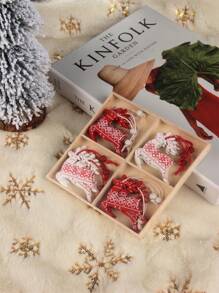 12Pcs/Set Gift Box Christmas Snowflakes Wooden Pendants Xmas Tree Ornaments Painted Red Hanging Decor Christmas,Christmas