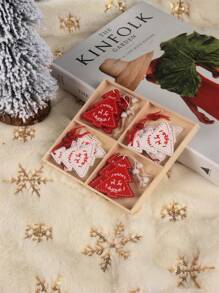 12Pcs/Set Gift Box Christmas Snowflakes Wooden Pendants Xmas Tree Ornaments Painted Red Hanging Decor Christmas,Christmas