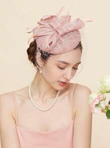 迷人的鸡尾酒头带亚麻蝴蝶结帽子面纱羽毛发夹面纱羽毛肯塔基州药盒德比新娘婚礼茶会帽子 - 黑色 - 查看 2