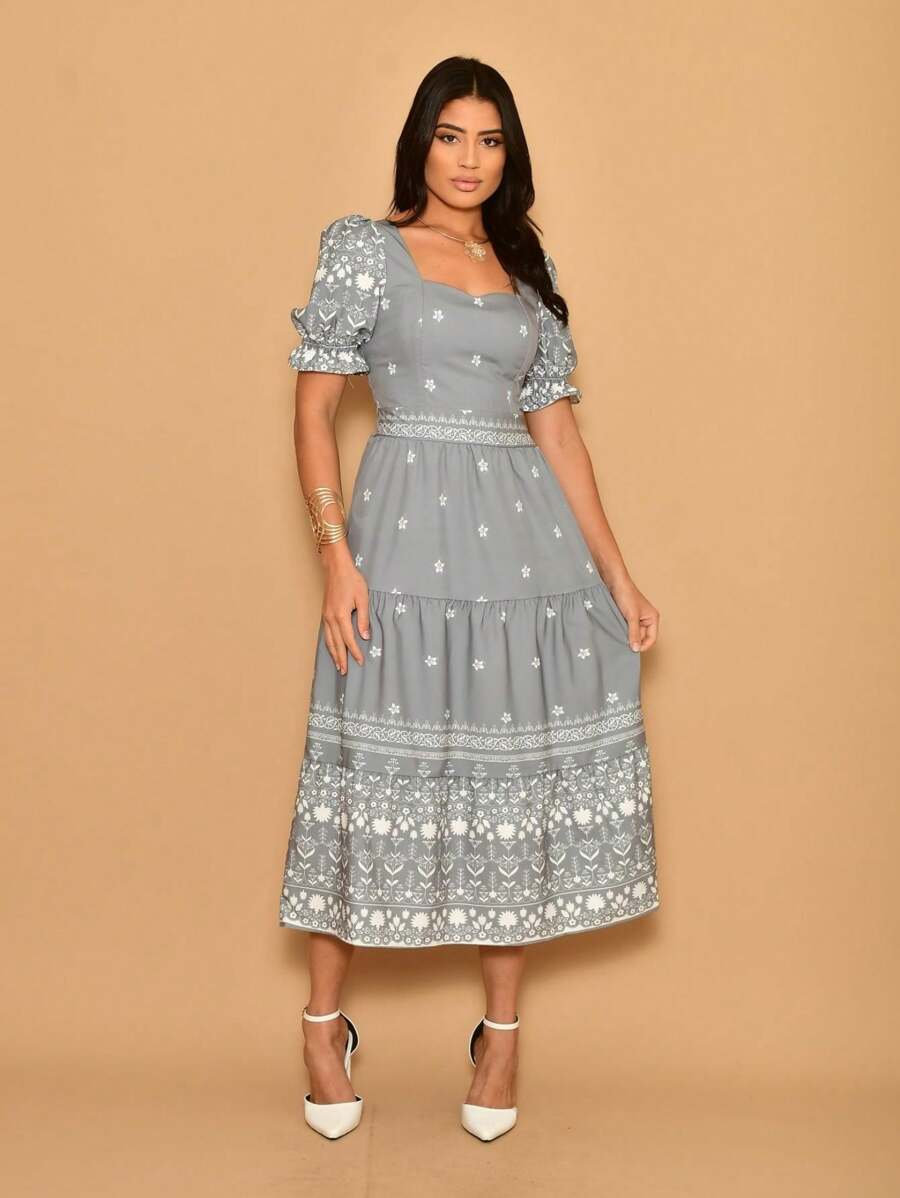 Helena Crepe Printed Midi Dress With Short Sleeves - 灰色 - 查看 1