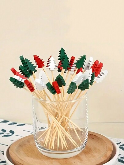 50 Stück/100 Stück sortierte Weihnachts-Bambusspiesse, Weihnachtsmann, Schneemann & Weihnachtsbaum geformte Lebensmittelspießchen, Weihnachtszubehör, Obst Dessert Gabeln, Weihnachten