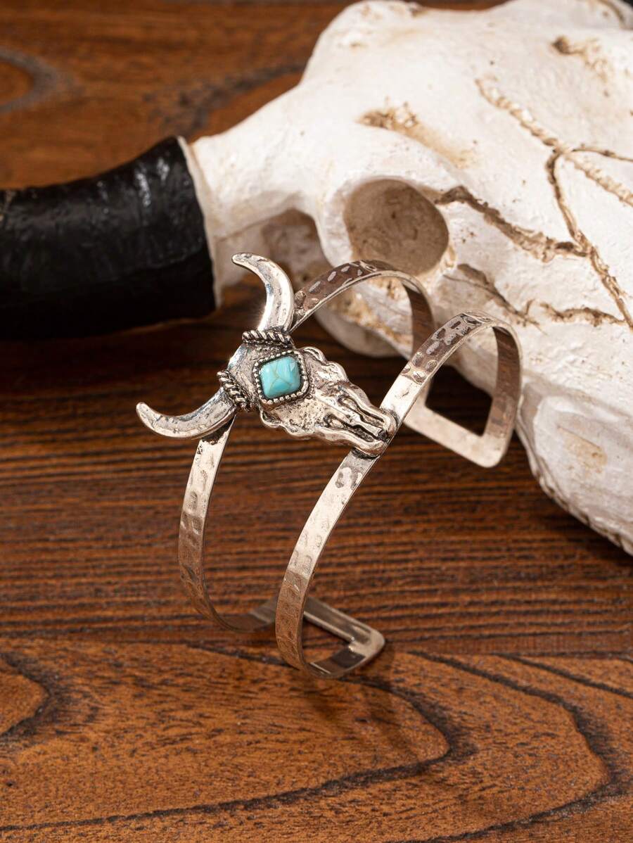 1 Pc Western Cow Cattle Head Turquoise Decor Cuff Bracelet For Women Turquoise Jewelry