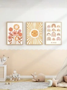 6 件波西米亞風牆藝術彩虹愛心帆布畫向日葵印刷圖片陽光壁畫熊畫海報苗圃牆壁海報女嬰臥室裝飾無框 - 杏色 - 查看 18
