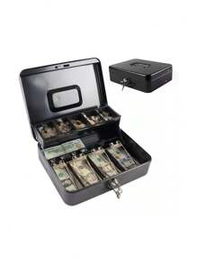 Caja para Dinero, Caja de Seguridad para Dinero, Caja de Efectivo Grande, Caja Registradora, Caja con Candado de Seguridad, para Guardar Dinero, Joyas, Documentos, Relojes, etc - Negro - Ver 2