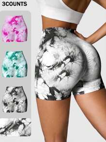 3 Piezas Short Deportivo Tie Dye Pantalones Cortos Gym Yoga levanta gluteo surtido al azar - Multicolor - Ver 1