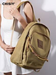 CHISIY 原创手工复古前卫休闲双拉链编织肩带吊坠胸针卡其色面料简约背包大容量，适合女学生、办公室女士、购物、徒步旅行、旅行，适合所有季节 - 卡其色 - 查看 5