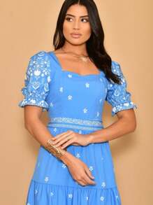 Helena Crepe Printed Midi Dress With Short Sleeves - Baby Blue - View 3