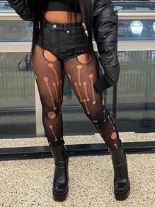 1雙女式哥德式性感高腰魚網襪,空心破洞及破壞式細節設計 - 黑色 - 查看 3