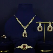 5pcs 18K Gold Plated Luxury Royal Style Square Tassel Design Bridal Wedding Jewelry Set, Including Necklace, Bracelet, Earrings, Ring, Handcrafted With White & Green Cubic Zirconia, Suitable For Daily Wear And Wedding Ceremony, Wedding Anniversary Gift - Luxury Bridal Set - View 17