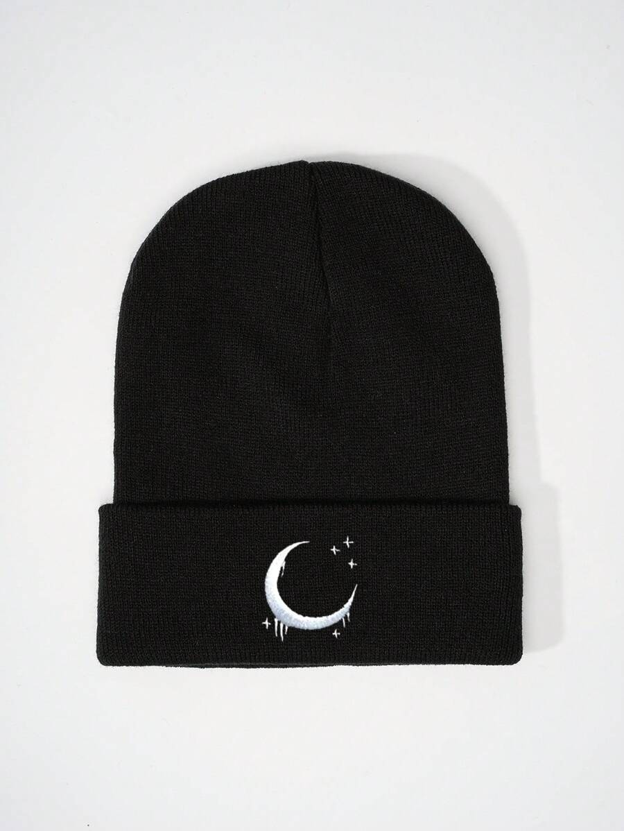 1 件刺绣月亮图案针织帽，春秋季旅行海滩休闲防晒帽，Y2K 风格青年冬季秋季帽子