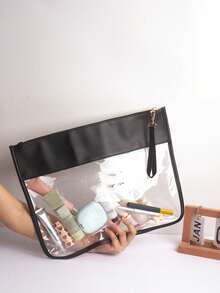 雪尼尔字母贴片 PVC 包，时尚零食收纳袋，拉链透明旅行化妆袋，适用于学校化妆包，返校用品化妆品收纳袋，学校用品袋，收纳袋，房间用品 - 黑與白 - 查看 3